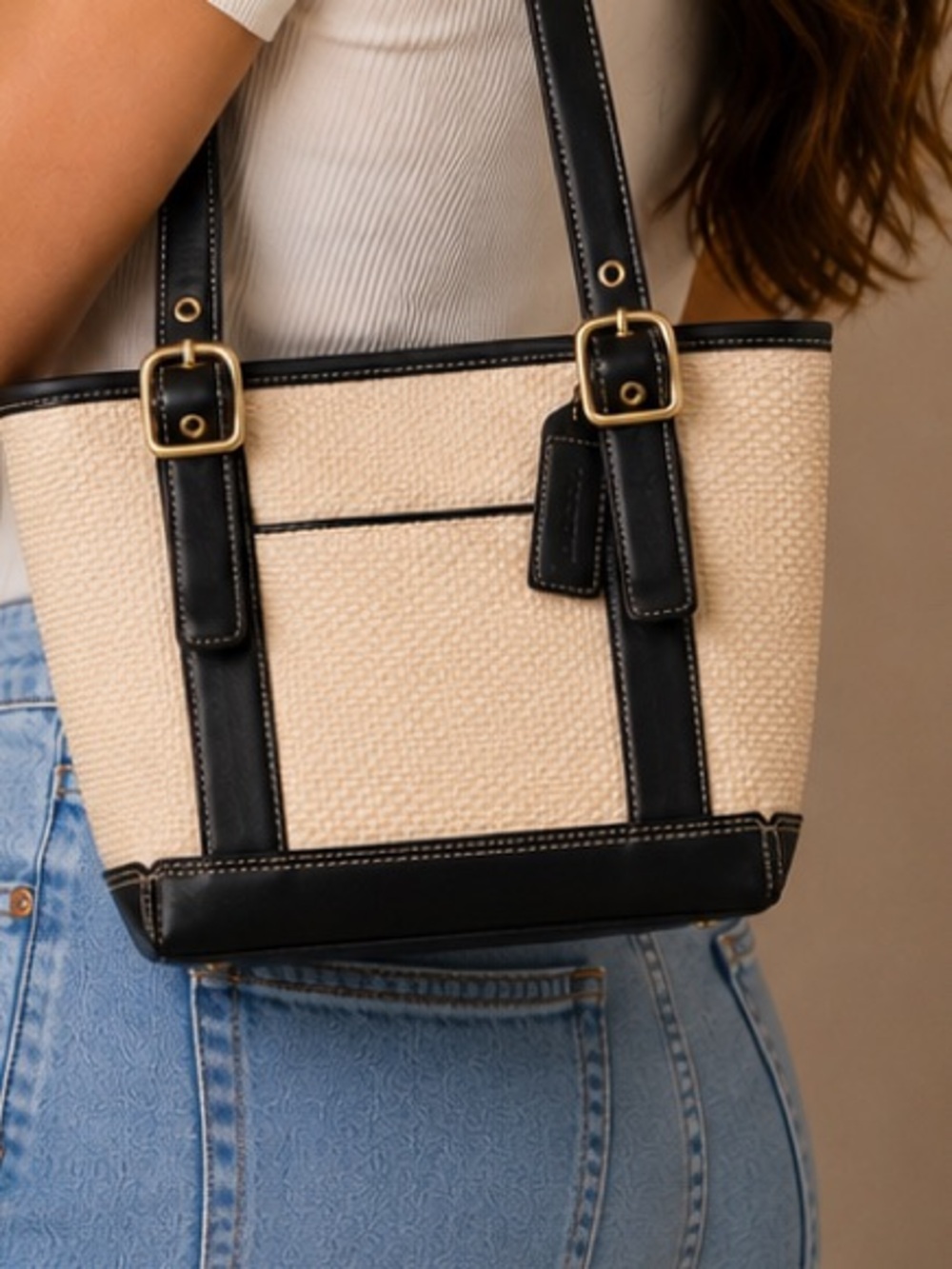 Coach Vintage Natural Straw Bucket Tote Bag – Model 8909